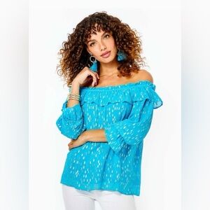 Lilly Pulitzer Turquoise Off-Shoulder Ruffle Top